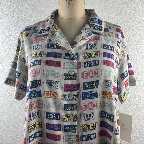 Vintage l 90s L Liz Claiborne Novelty USA State License Plates Loop Collar Shirt - Picture 2 of 14